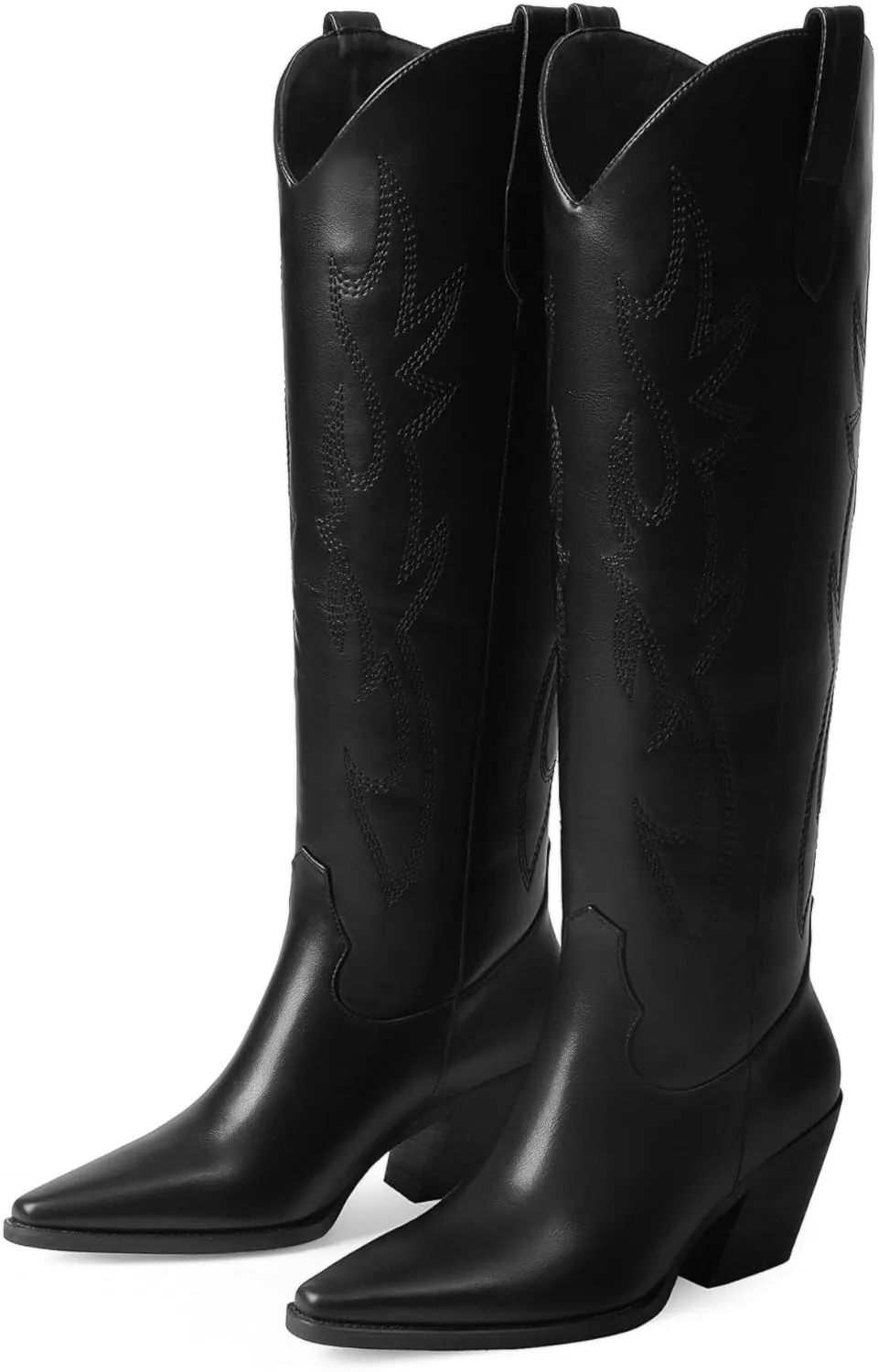 iiimmu Cowgirl Boots Women Knee High Boots Pointed Toe and Block Heel Cowboy Suede and Faux Leather Boots with Embroidered