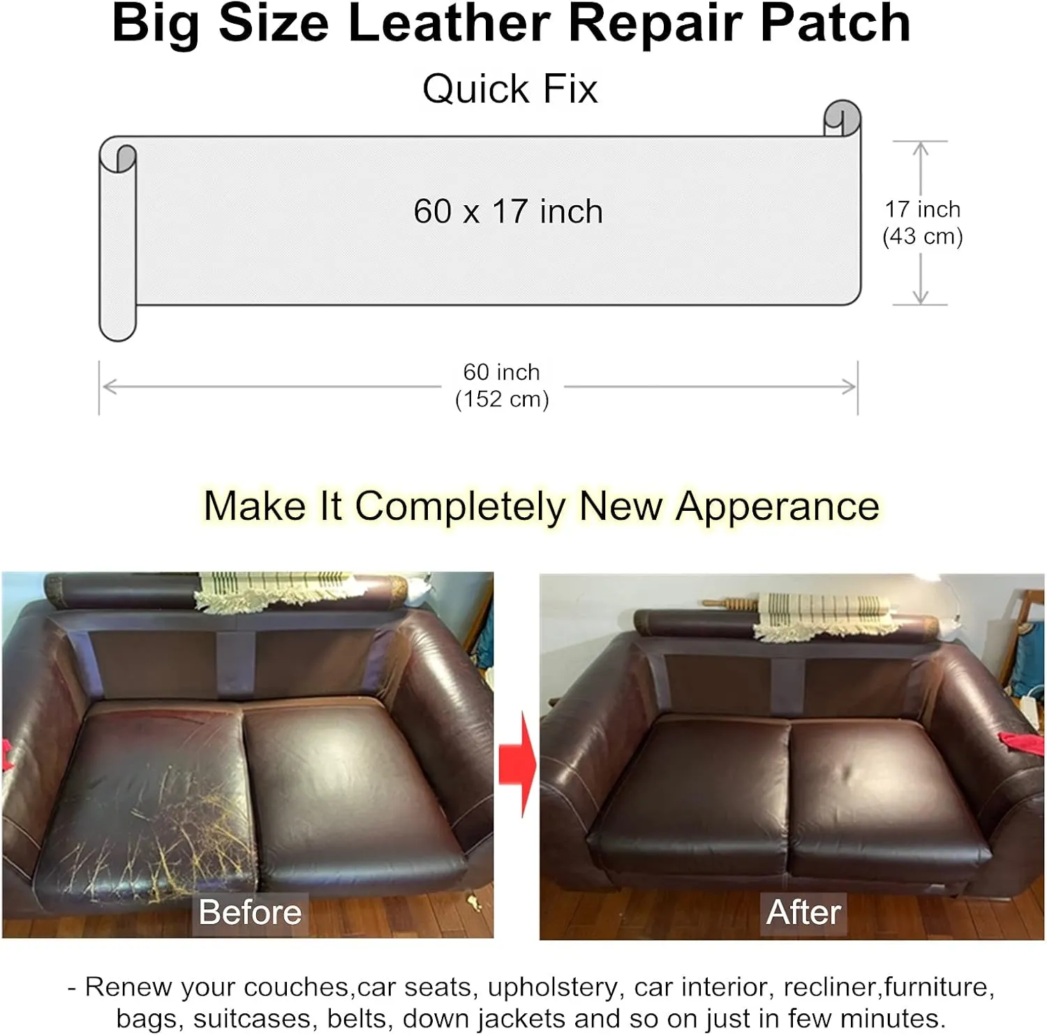 ILOFRI Large Leather Repair Patch 60x17 inch, Self Adhesive Vinyl and Leather Repair Tape Kit for Couch, Car Seat, Furniture, Upholstery, Sofa, Chairs, Handbags - Beige White