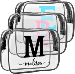 Initial Clear Toiletry Bags w/Name for Women Men - 14 Vinyl Font Color - Personalized Shaving Dopp Kit Gift - Customized Waterproof Cosmetic Case - Custom Travel Bags Gift for Girl Boy Dad Mom C1