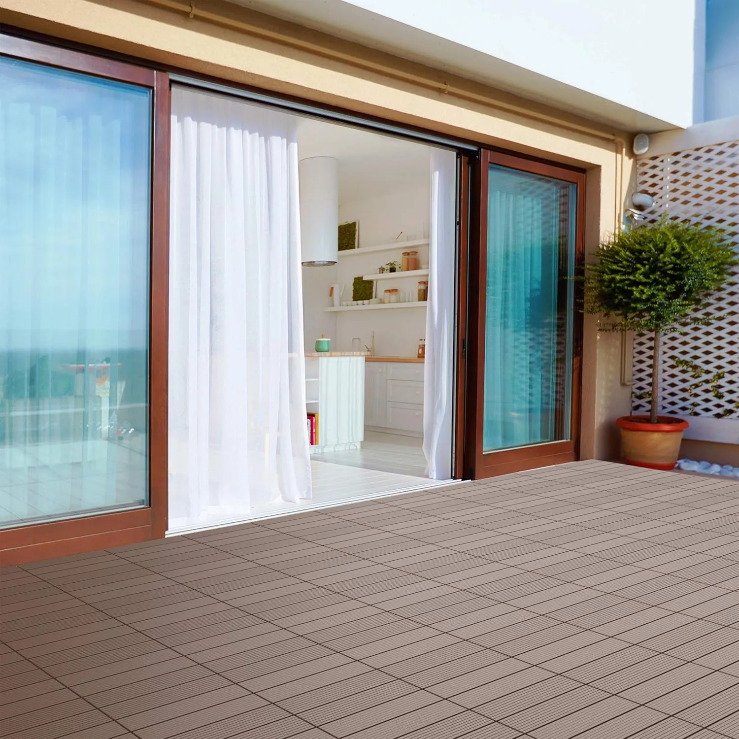 Interlocking Deck Tiles - 6-Pack Wood Plastic Composite Patio Tiles - Outdoor Flooring for Balcony, Porch, and Garage by Pure Garden (Brown)