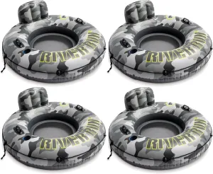 Intex 56835EP River Run I Camo Inflatable Floating Towable Water Tube Raft with Cup Holders and Handles for River, Lake, or Pools, Gray Camo (4 Pack)
