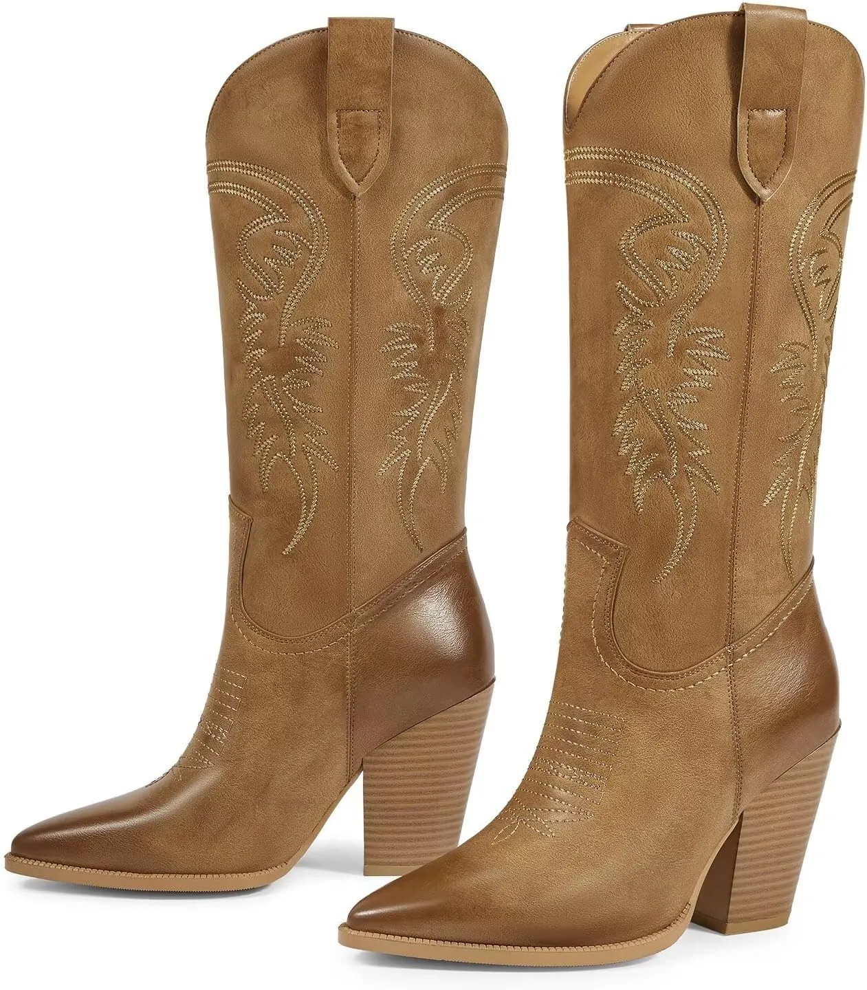ISNOM Cowboy Boots Cowgir Boots for Women, Pointed Toe Chunky Heel Western Boots