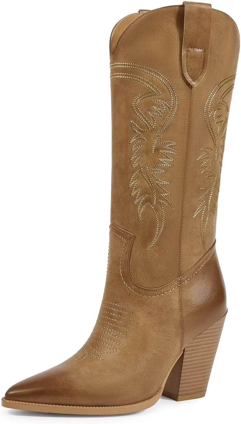 ISNOM Cowboy Boots Cowgir Boots for Women, Pointed Toe Chunky Heel Western Boots