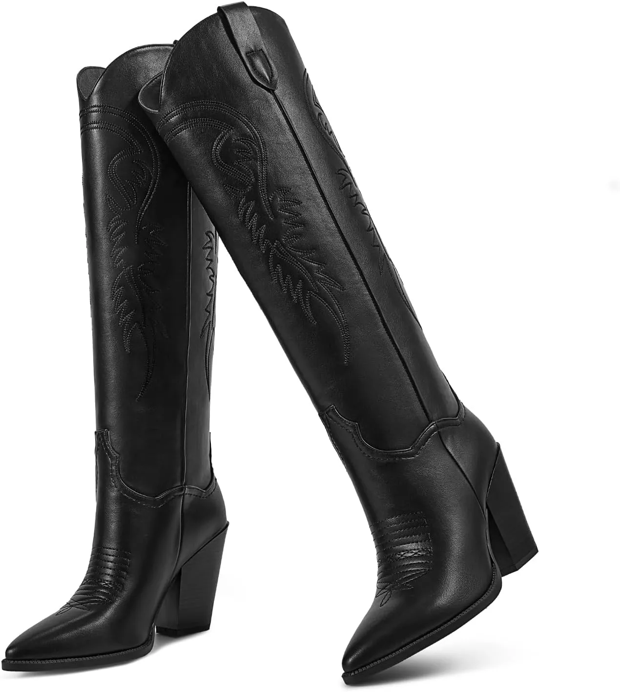 ISNOM Women's Cowgirl Boots Pull On Knee High Boots, Cowboy Western Embroidered Chunky Block Heel Pointed Toes Boots