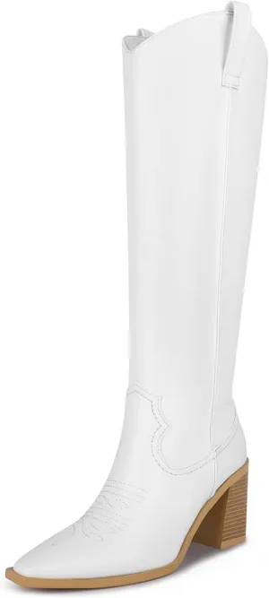 ISNOM Women's Cowgirl Boots Pull On Knee High Boots, Cowboy Western Embroidered Chunky Block Heel Pointed Toes Boots