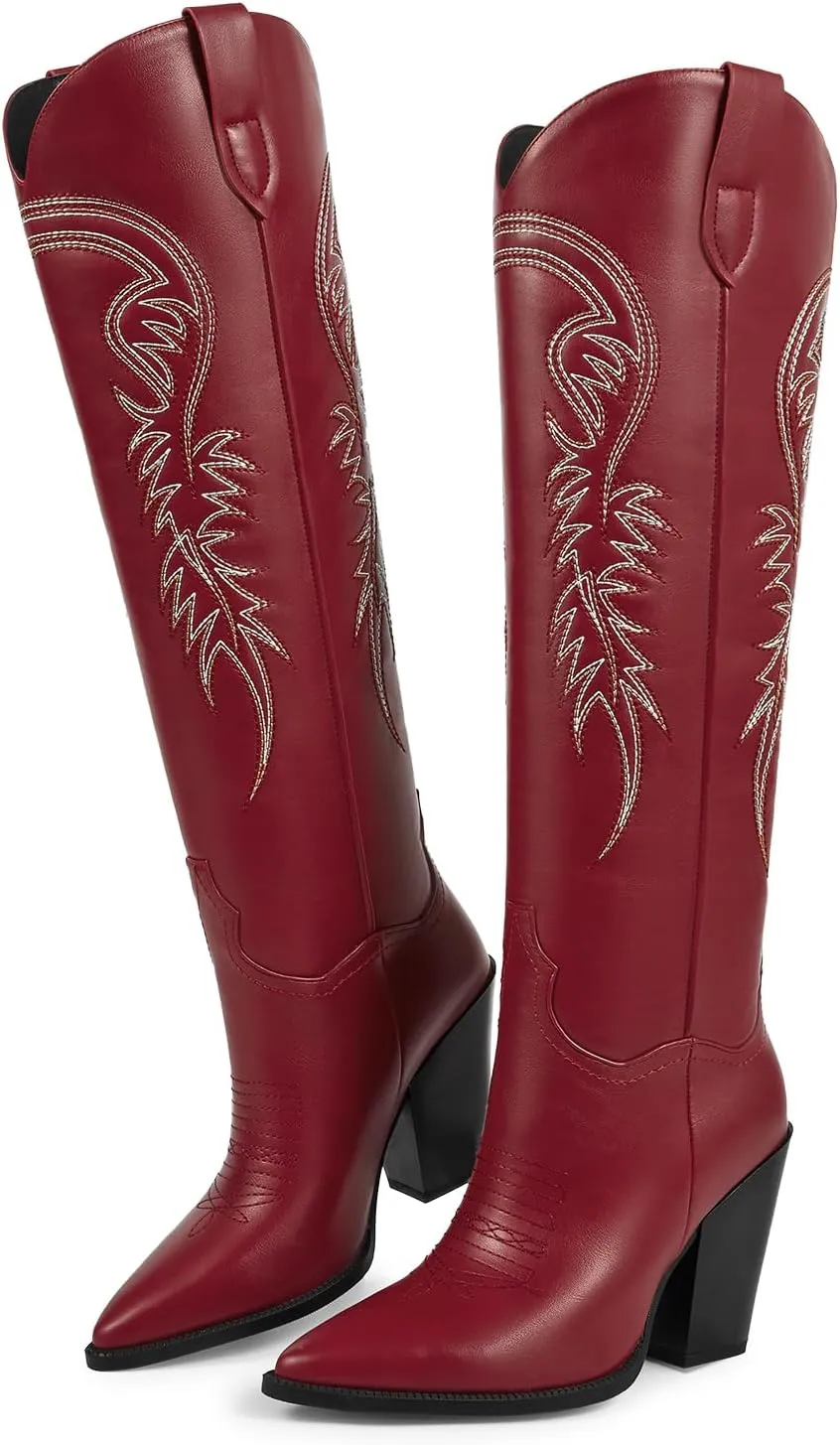 ISNOM Women's Cowgirl Boots Pull On Knee High Boots, Cowboy Western Embroidered Chunky Block Heel Pointed Toes Boots