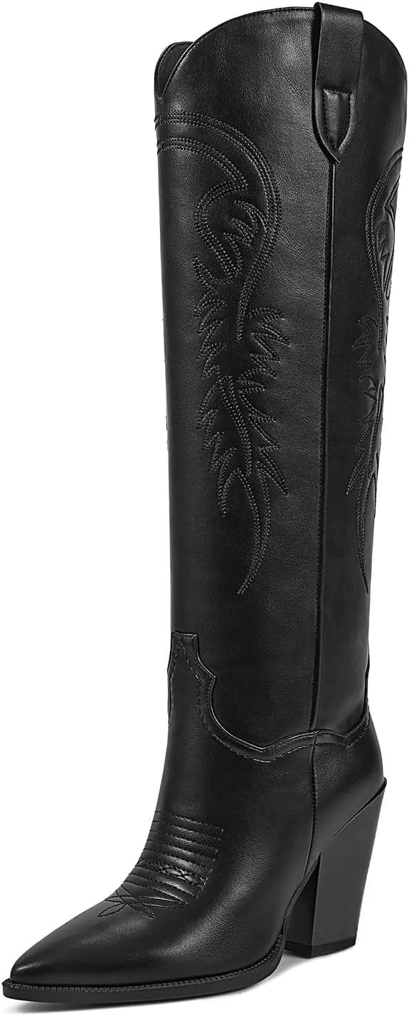 ISNOM Women's Cowgirl Boots Pull On Knee High Boots, Cowboy Western Embroidered Chunky Block Heel Pointed Toes Boots