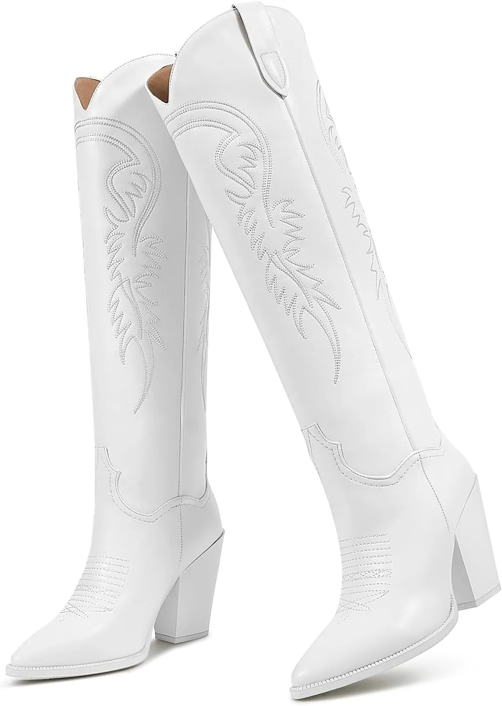ISNOM Women's Cowgirl Boots Pull On Knee High Boots, Cowboy Western Embroidered Chunky Block Heel Pointed Toes Boots