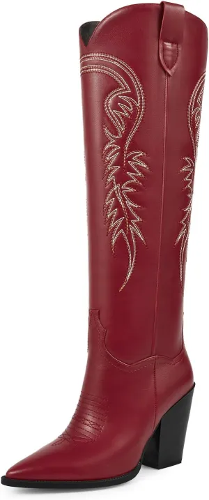ISNOM Women's Cowgirl Boots Pull On Knee High Boots, Cowboy Western Embroidered Chunky Block Heel Pointed Toes Boots