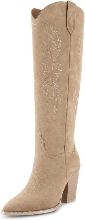 ISNOM Women's Cowgirl Boots Pull On Knee High Boots, Cowboy Western Embroidered Chunky Block Heel Pointed Toes Boots