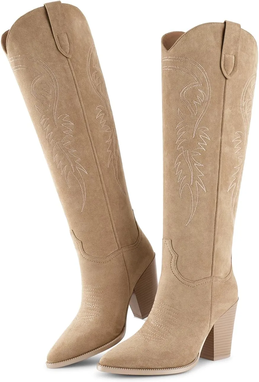 ISNOM Women's Cowgirl Boots Pull On Knee High Boots, Cowboy Western Embroidered Chunky Block Heel Pointed Toes Boots