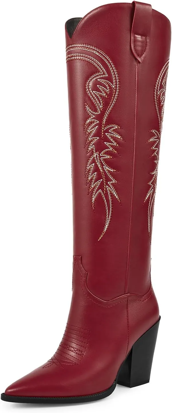 ISNOM Women's Cowgirl Boots Pull On Knee High Boots, Cowboy Western Embroidered Chunky Block Heel Pointed Toes Boots