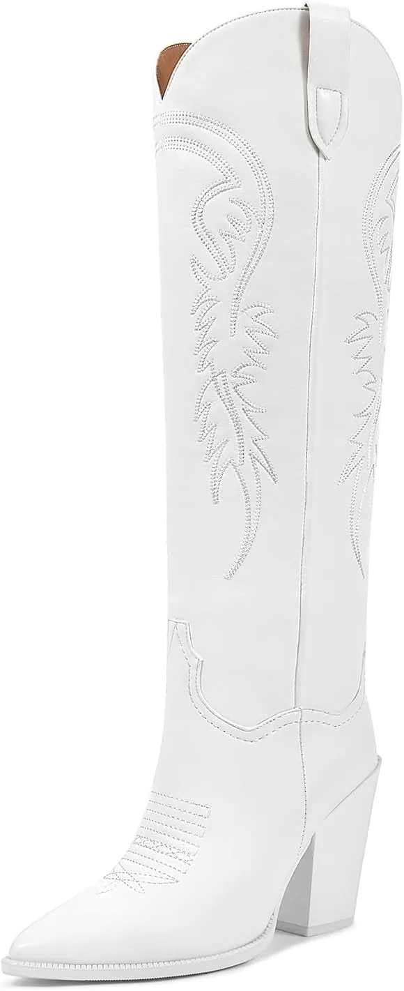 ISNOM Women's Cowgirl Boots Pull On Knee High Boots, Cowboy Western Embroidered Chunky Block Heel Pointed Toes Boots