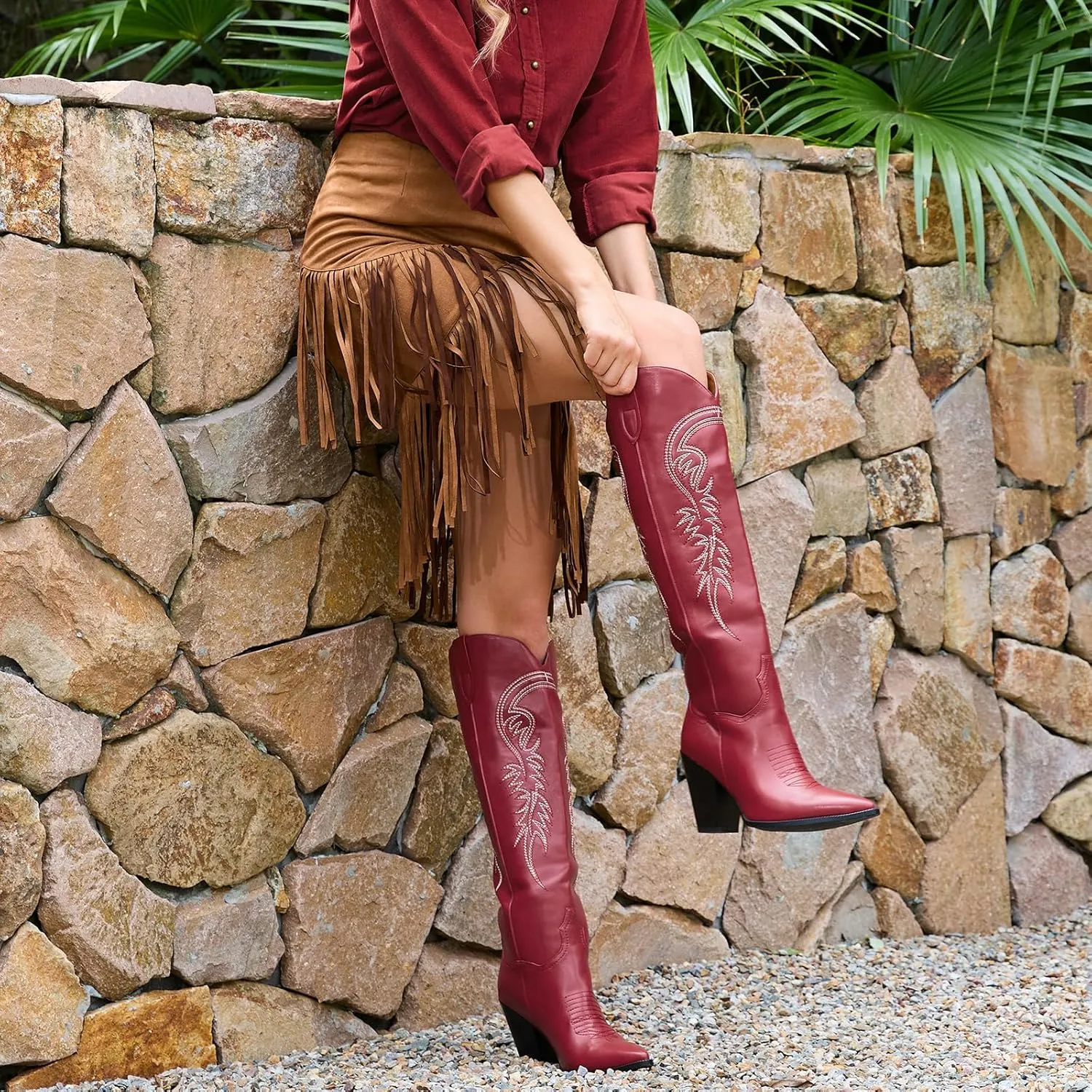 ISNOM Women's Cowgirl Boots Pull On Knee High Boots, Cowboy Western Embroidered Chunky Block Heel Pointed Toes Boots