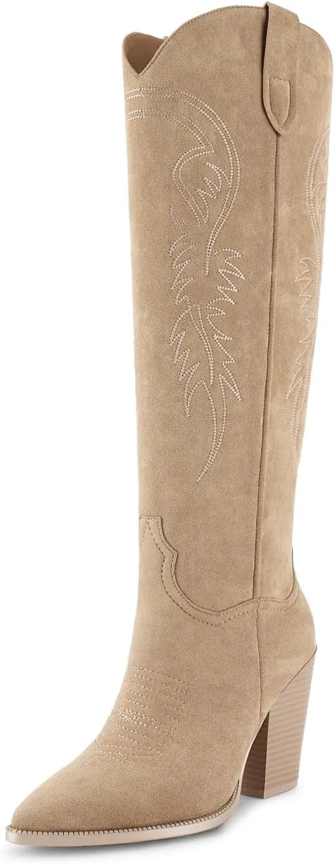 ISNOM Women's Cowgirl Boots Pull On Knee High Boots, Cowboy Western Embroidered Chunky Block Heel Pointed Toes Boots