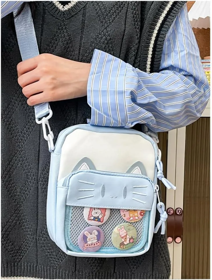 Ita Bag Ita Backpack Small Single Shoulder Bag Crossbody Bag Cute Embroidered Cat Handbag and Purse (Blue)