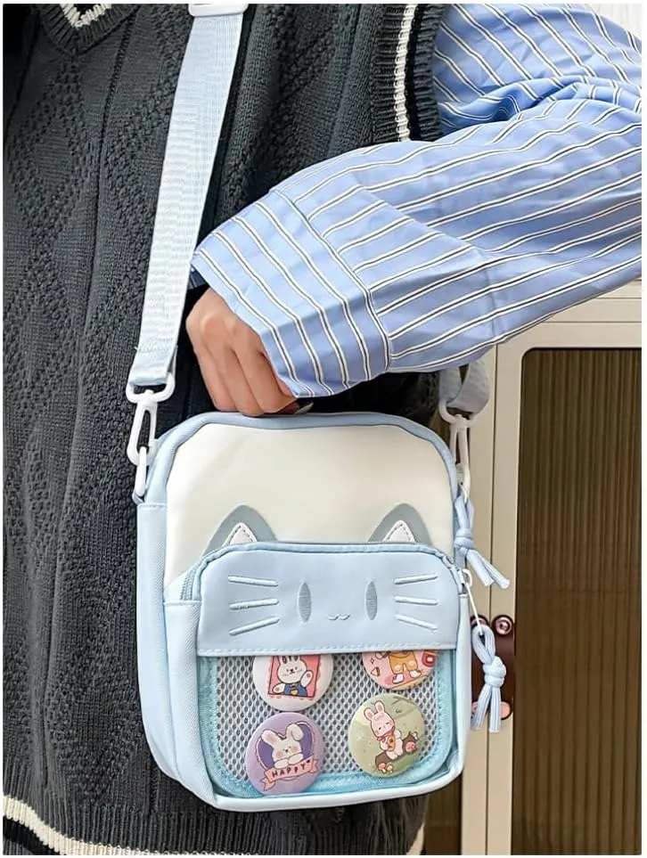Ita Bag Ita Backpack Small Single Shoulder Bag Crossbody Bag Cute Embroidered Cat Handbag and Purse (Blue)