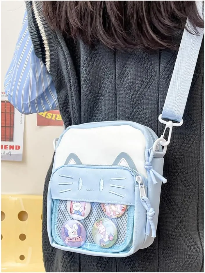 Ita Bag Ita Backpack Small Single Shoulder Bag Crossbody Bag Cute Embroidered Cat Handbag and Purse (Blue)