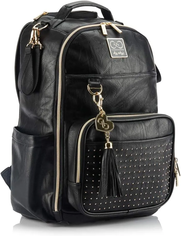 Itzy Ritzy Chelsea   Cole Diaper Bag Backpack - Studded Boss Backpack Diaper Bag Includes 19 Pockets, Changing Pad, Stroller Clips & Tassel; Black with Sweetheart Print Interior & Gold Hardware