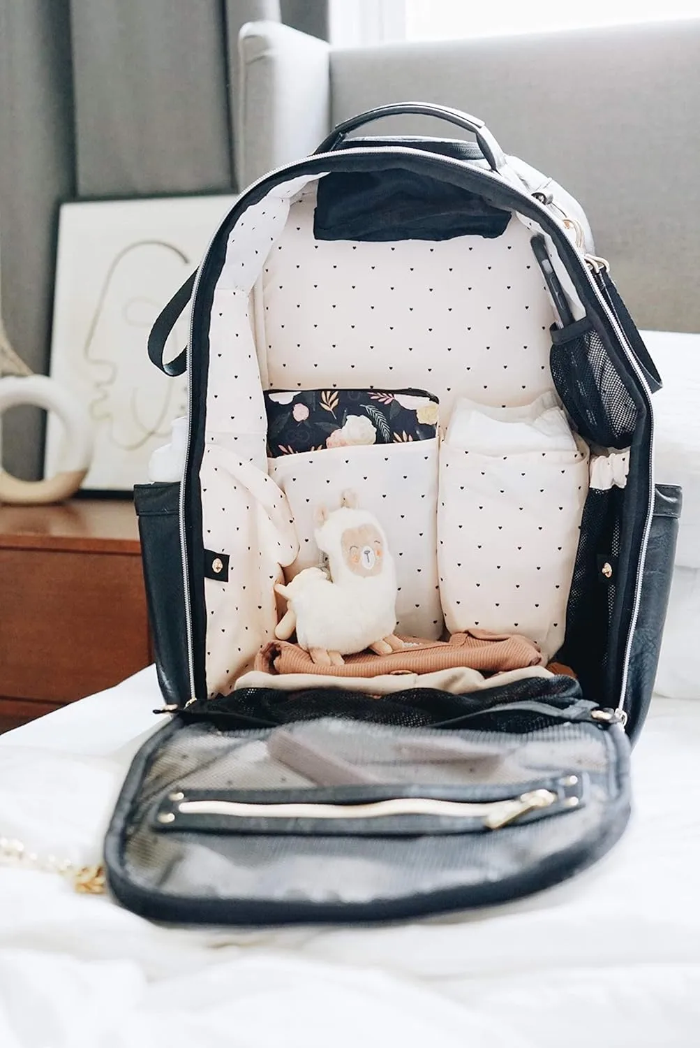Itzy Ritzy Chelsea   Cole Diaper Bag Backpack - Studded Boss Backpack Diaper Bag Includes 19 Pockets, Changing Pad, Stroller Clips & Tassel; Black with Sweetheart Print Interior & Gold Hardware