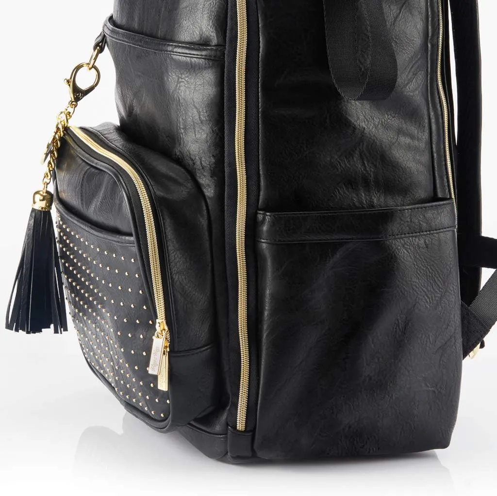 Itzy Ritzy Chelsea   Cole Diaper Bag Backpack - Studded Boss Backpack Diaper Bag Includes 19 Pockets, Changing Pad, Stroller Clips & Tassel; Black with Sweetheart Print Interior & Gold Hardware