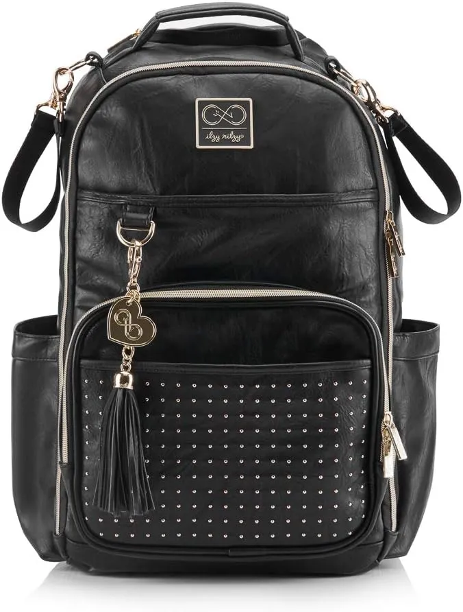 Itzy Ritzy Chelsea   Cole Diaper Bag Backpack - Studded Boss Backpack Diaper Bag Includes 19 Pockets, Changing Pad, Stroller Clips & Tassel; Black with Sweetheart Print Interior & Gold Hardware