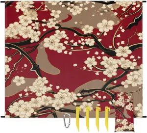 Japanese Cherry Blossom Beach Blanket, Sandproof Beach Mat, 68 x 59 Waterproof Quick Drying Sand Free Mat with 4 x Ground Spikes for Outdoor Travel Camping Hiking, Vintage