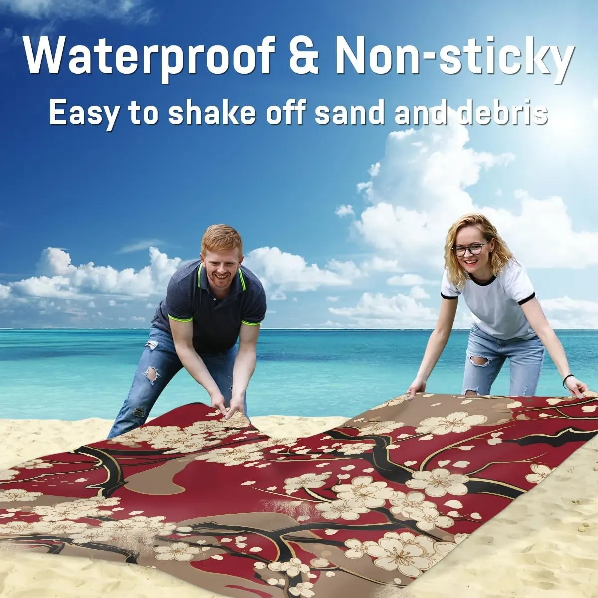 Japanese Cherry Blossom Beach Blanket, Sandproof Beach Mat, 68 x 59 Waterproof Quick Drying Sand Free Mat with 4 x Ground Spikes for Outdoor Travel Camping Hiking, Vintage