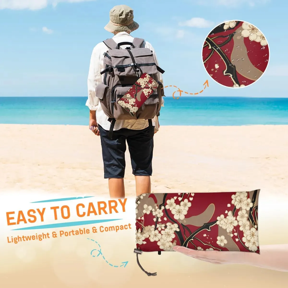 Japanese Cherry Blossom Beach Blanket, Sandproof Beach Mat, 68 x 59 Waterproof Quick Drying Sand Free Mat with 4 x Ground Spikes for Outdoor Travel Camping Hiking, Vintage