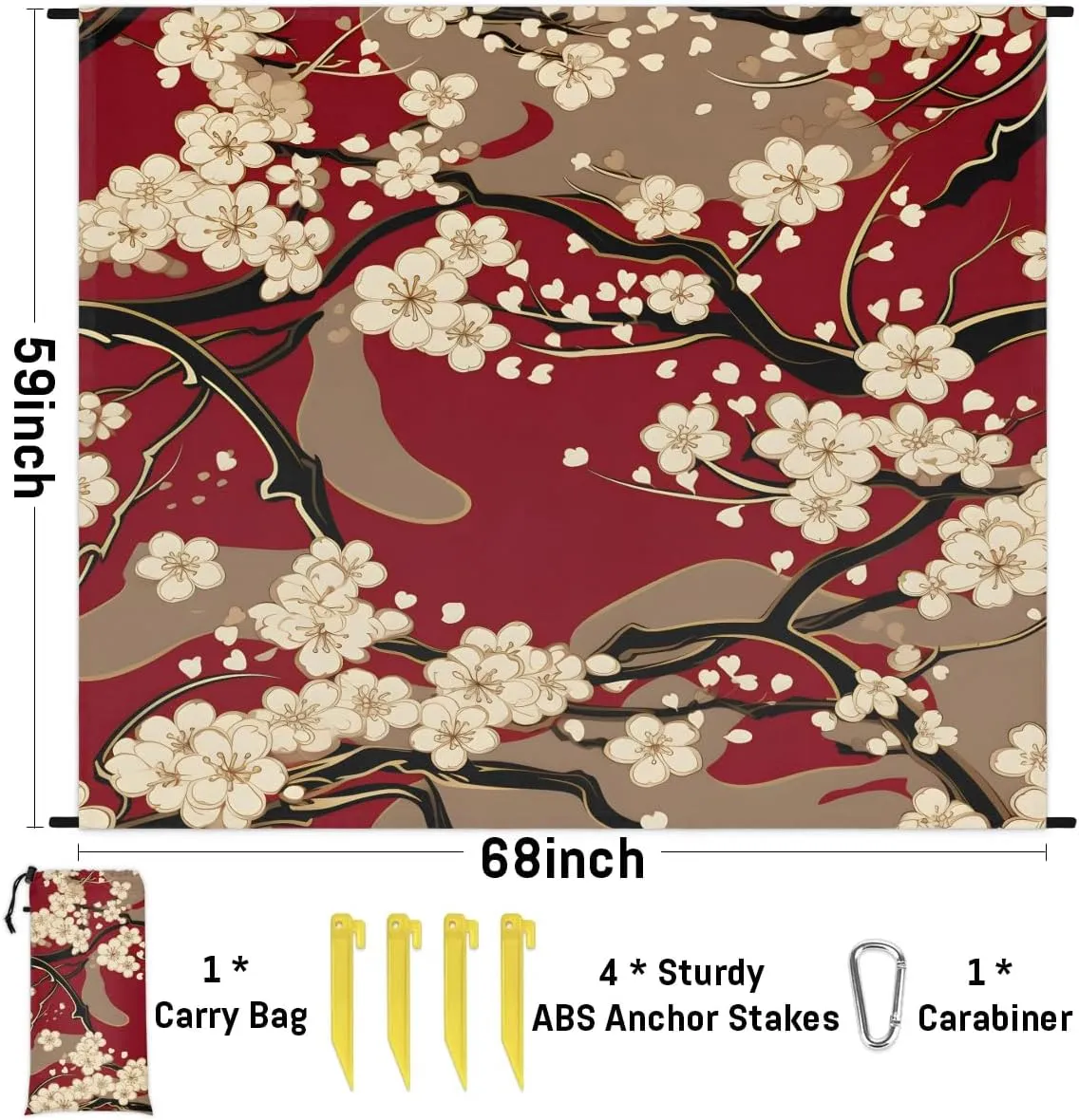 Japanese Cherry Blossom Beach Blanket, Sandproof Beach Mat, 68 x 59 Waterproof Quick Drying Sand Free Mat with 4 x Ground Spikes for Outdoor Travel Camping Hiking, Vintage