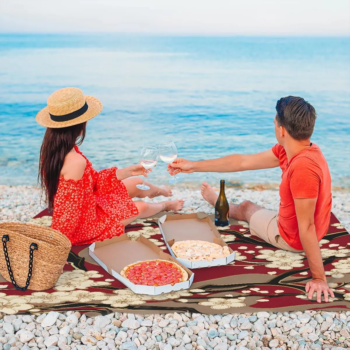 Japanese Cherry Blossom Beach Blanket, Sandproof Beach Mat, 68 x 59 Waterproof Quick Drying Sand Free Mat with 4 x Ground Spikes for Outdoor Travel Camping Hiking, Vintage