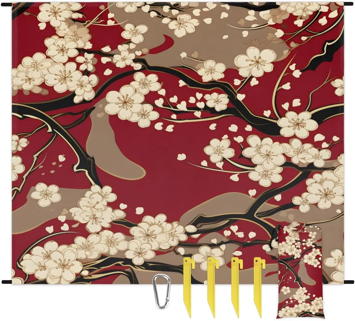 Japanese Cherry Blossom Beach Blanket, Sandproof Beach Mat, 68 x 59 Waterproof Quick Drying Sand Free Mat with 4 x Ground Spikes for Outdoor Travel Camping Hiking, Vintage
