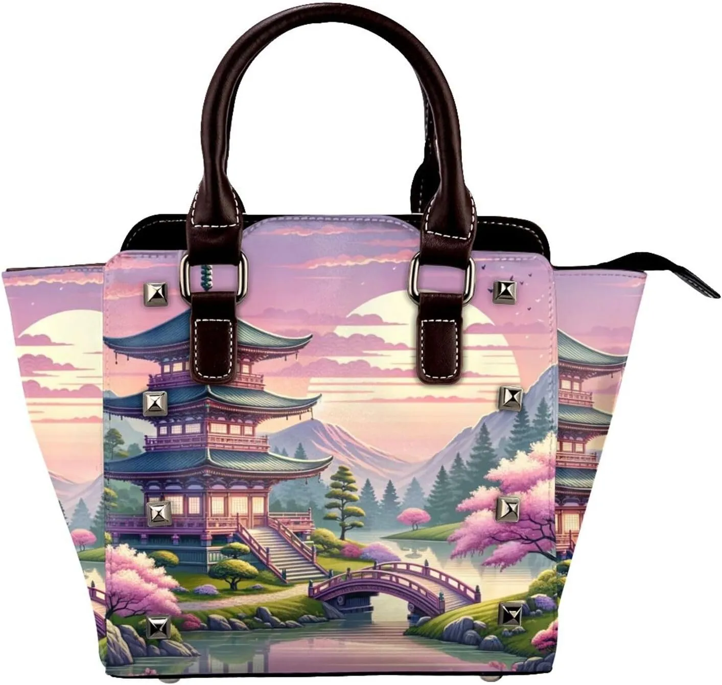 Japanese-Temple-Fuji-Sakura Pu Leather Crossbody Studded Bag, Fashionable Shoulder Handbag With Detachable Shoulder Strap