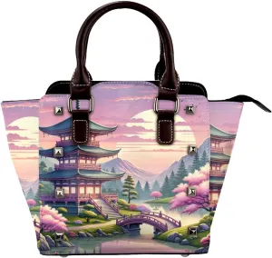 Japanese-Temple-Fuji-Sakura Pu Leather Crossbody Studded Bag, Fashionable Shoulder Handbag With Detachable Shoulder Strap
