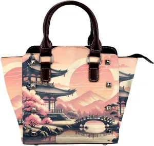 Japanese-Temple-Fuji-Sakura-Sunset Pu Leather Crossbody Studded Bag, Fashionable Shoulder Handbag With Detachable Shoulder Strap
