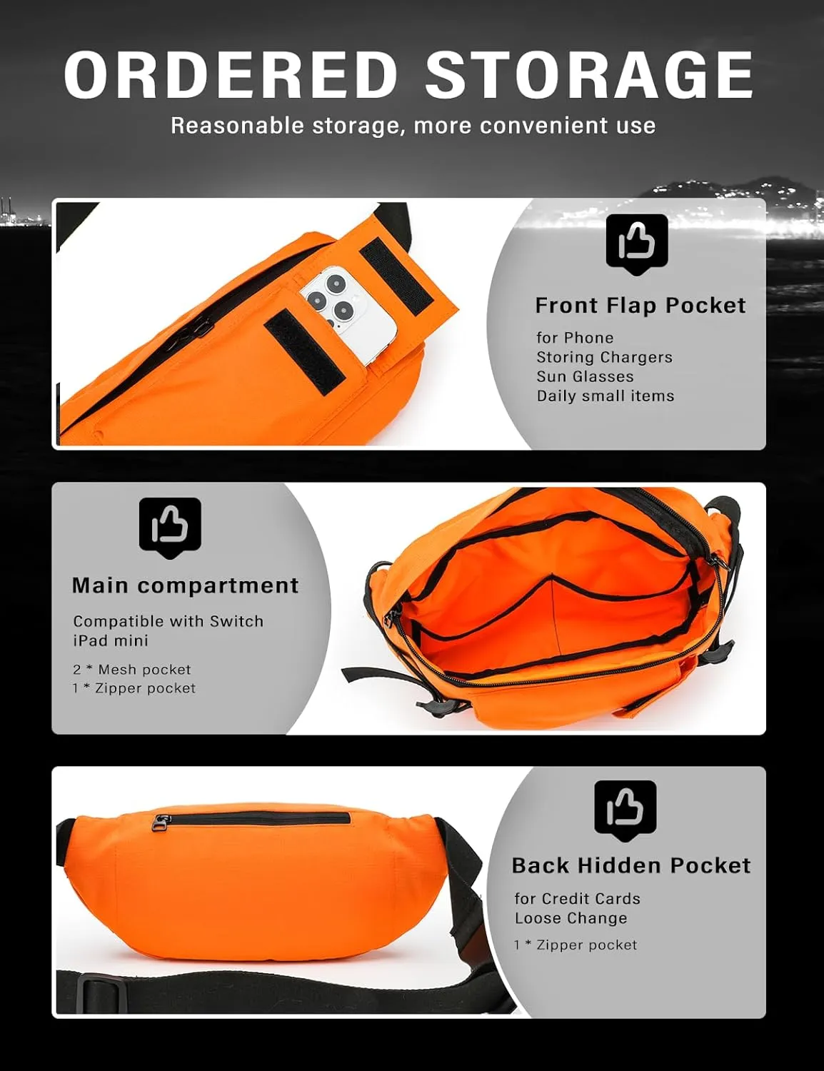 JEMINAL Sling Bag: Diamond-Grid Pattern 4L Light Spacious Crossbody Shoulder Everyday Carry Bag with Quick-adjust Strap - Double Layered Fabric Funny Pack for Men, Women, Travel, Sport (Orange)