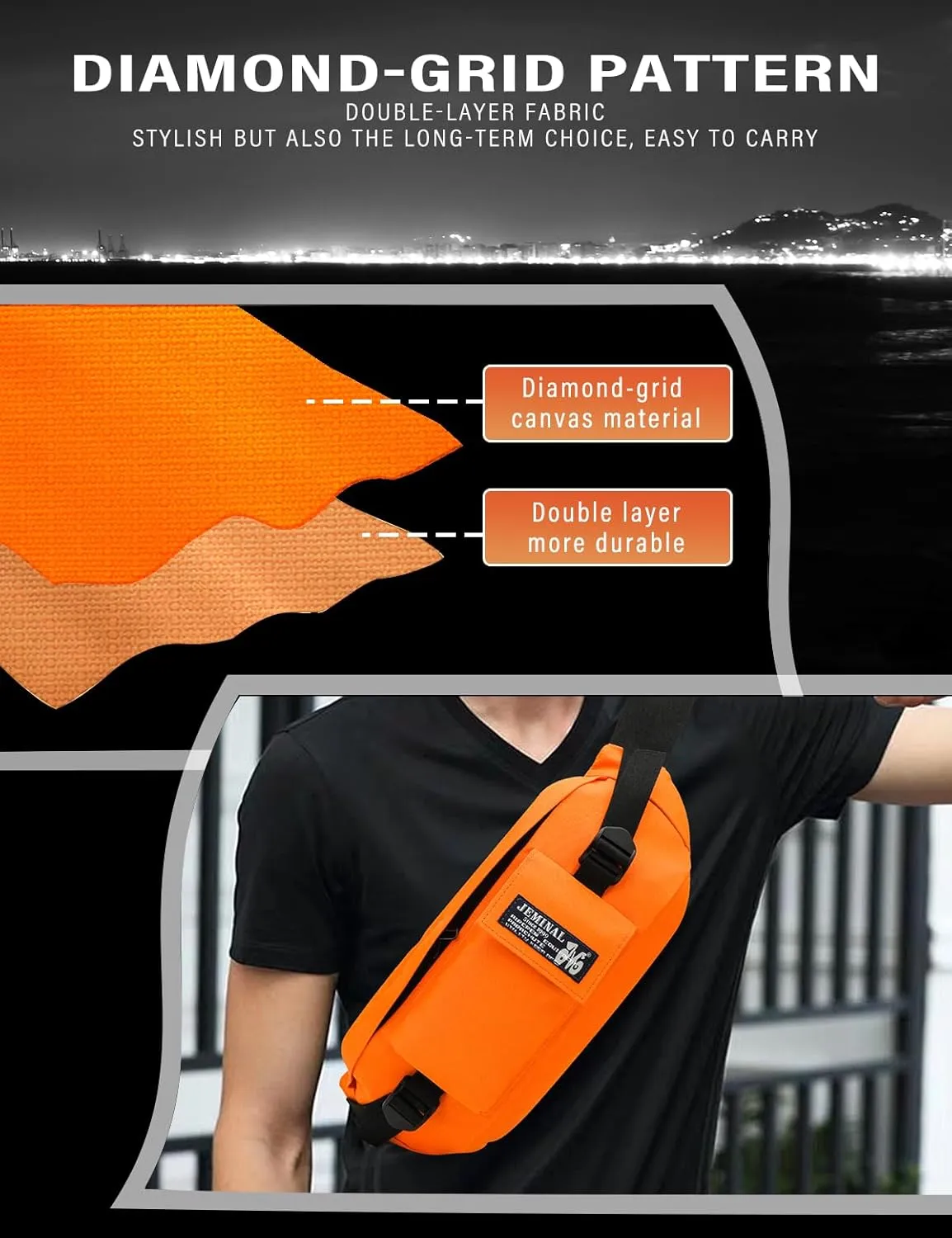 JEMINAL Sling Bag: Diamond-Grid Pattern 4L Light Spacious Crossbody Shoulder Everyday Carry Bag with Quick-adjust Strap - Double Layered Fabric Funny Pack for Men, Women, Travel, Sport (Orange)