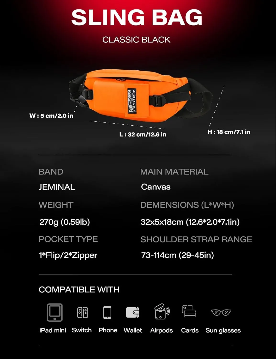 JEMINAL Sling Bag: Diamond-Grid Pattern 4L Light Spacious Crossbody Shoulder Everyday Carry Bag with Quick-adjust Strap - Double Layered Fabric Funny Pack for Men, Women, Travel, Sport (Orange)
