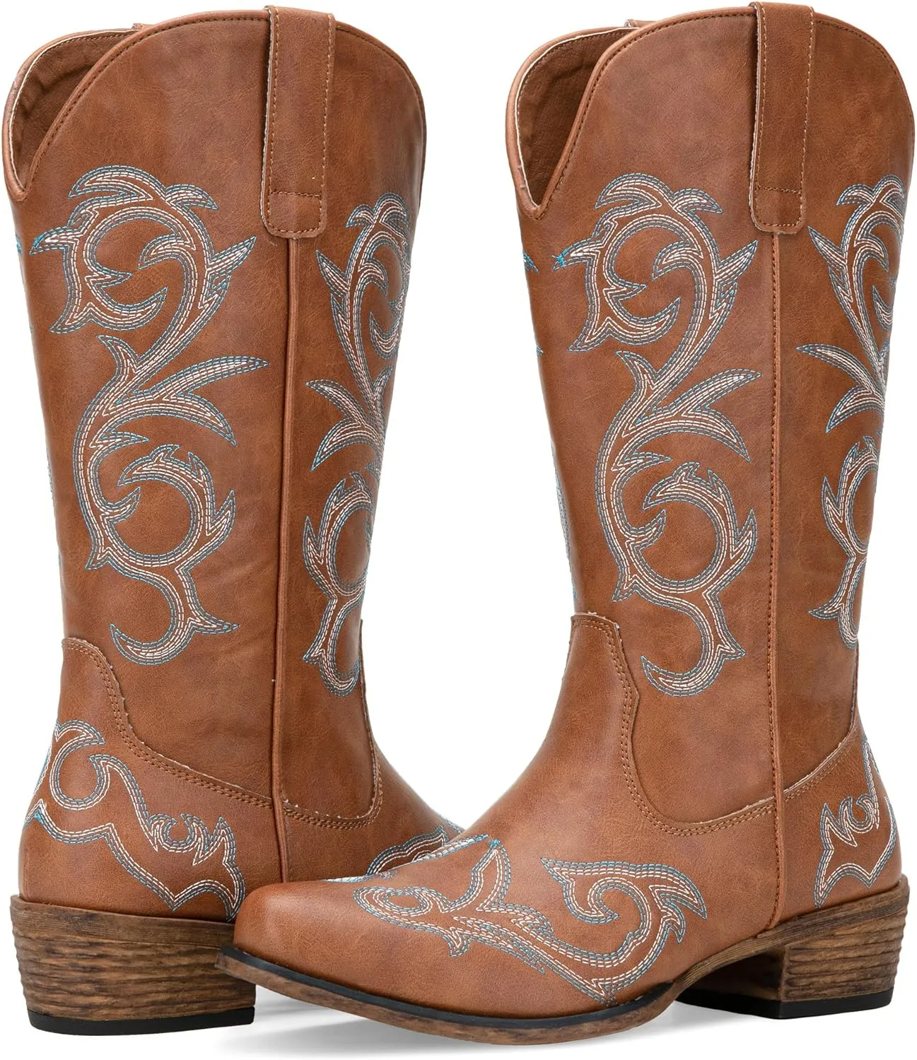 Jeossy 9808 Cowboy Boots for Women Wide Calf, Mid Calf Cowgirl Boots with Low Heel, Western Shoes with Side Zipper