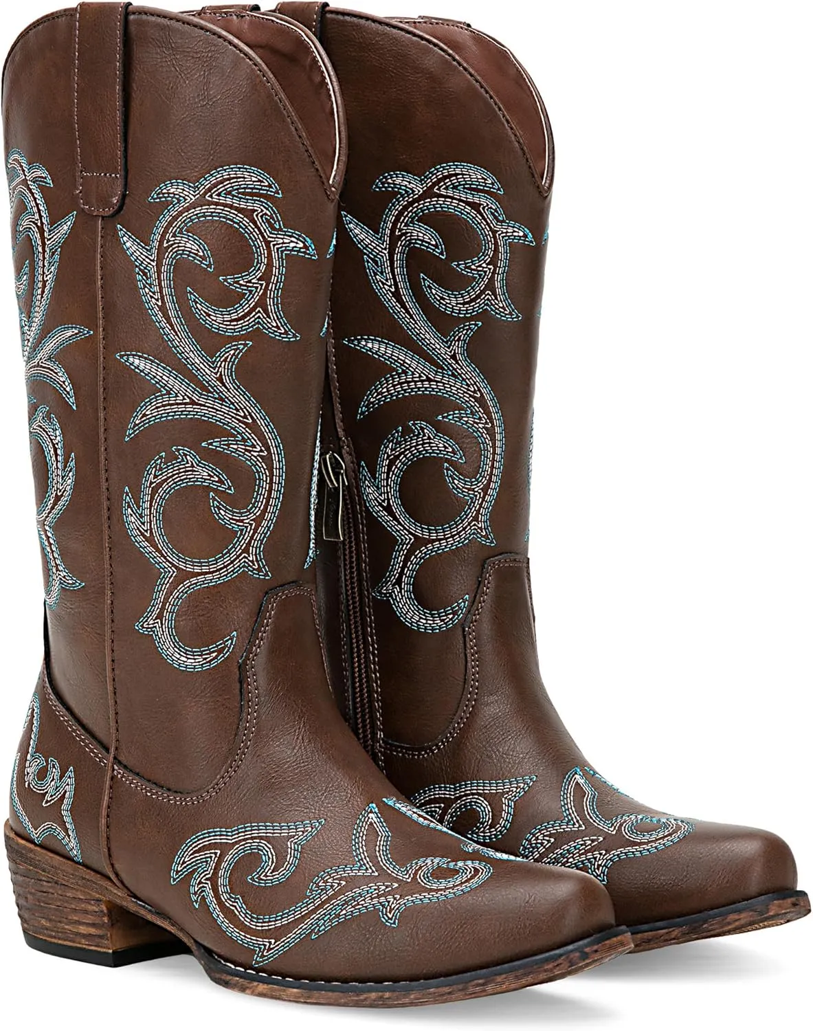 Jeossy 9808 Cowboy Boots for Women Wide Calf, Mid Calf Cowgirl Boots with Low Heel, Western Shoes with Side Zipper