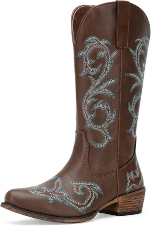Jeossy 9808 Cowboy Boots for Women Wide Calf, Mid Calf Cowgirl Boots with Low Heel, Western Shoes with Side Zipper