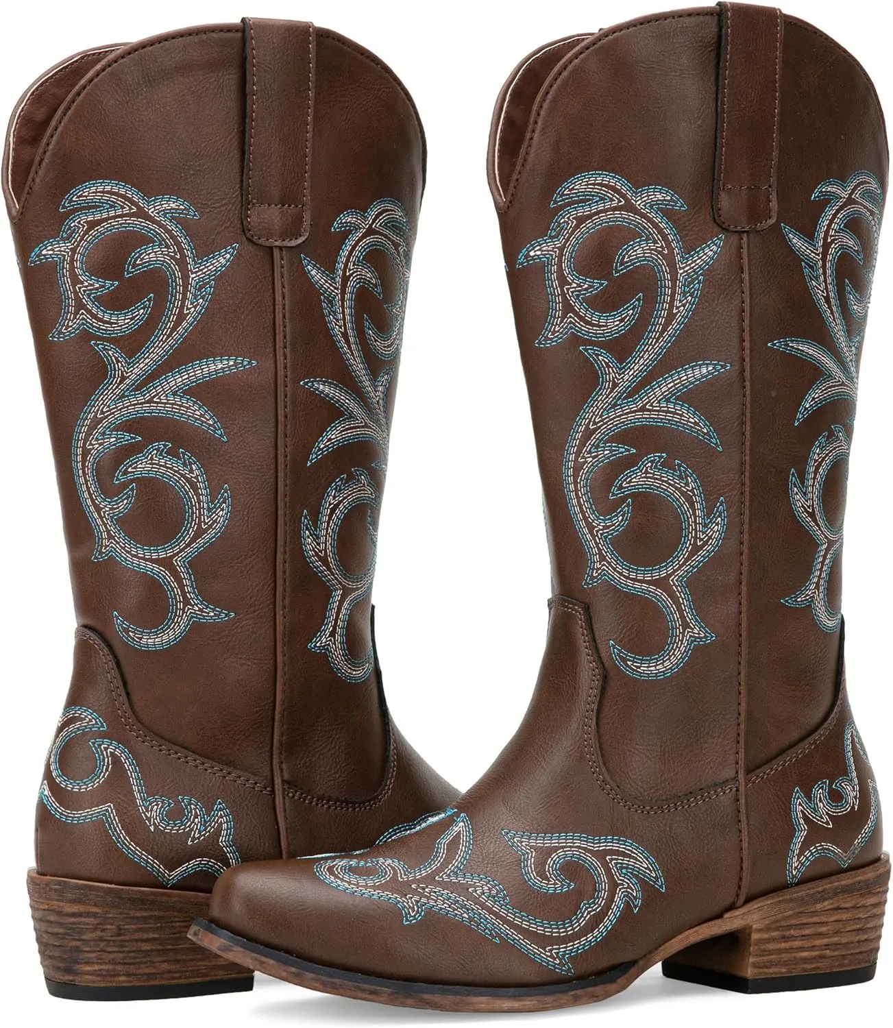 Jeossy 9808 Cowboy Boots for Women Wide Calf, Mid Calf Cowgirl Boots with Low Heel, Western Shoes with Side Zipper