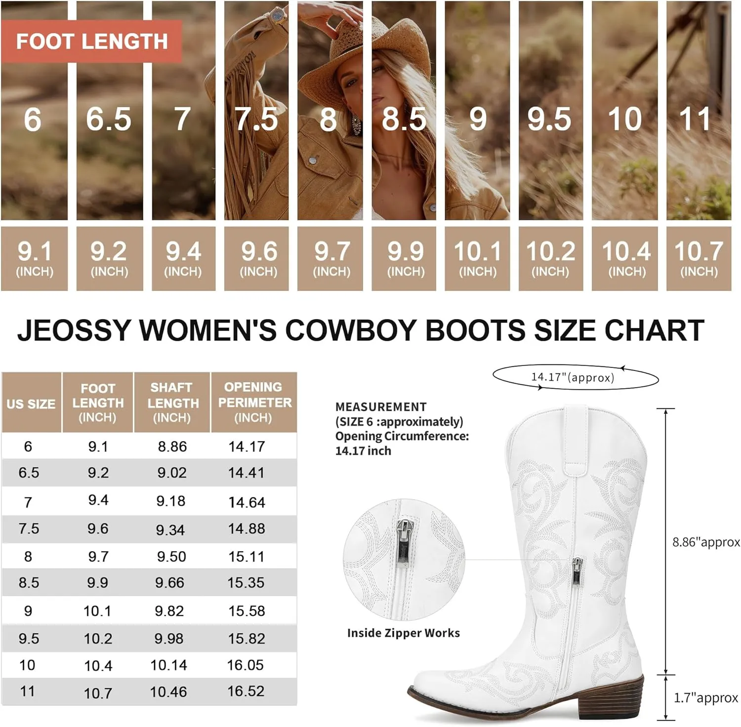 Jeossy 9808 Cowboy Boots for Women Wide Calf, Mid Calf Cowgirl Boots with Low Heel, Western Shoes with Side Zipper