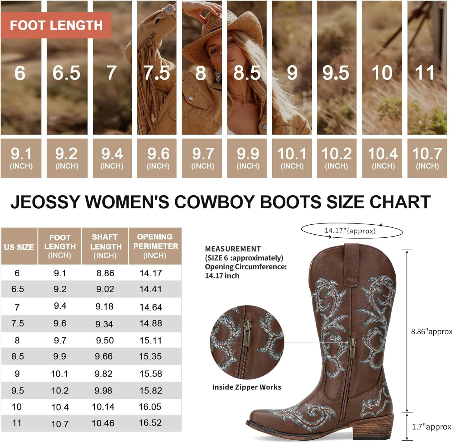 Jeossy 9808 Cowboy Boots for Women Wide Calf, Mid Calf Cowgirl Boots with Low Heel, Western Shoes with Side Zipper