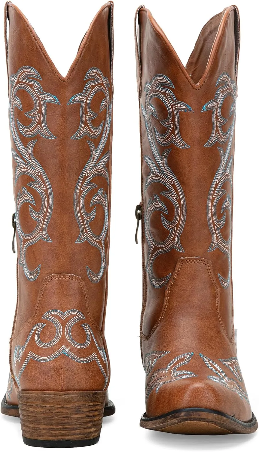 Jeossy 9808 Cowboy Boots for Women Wide Calf, Mid Calf Cowgirl Boots with Low Heel, Western Shoes with Side Zipper