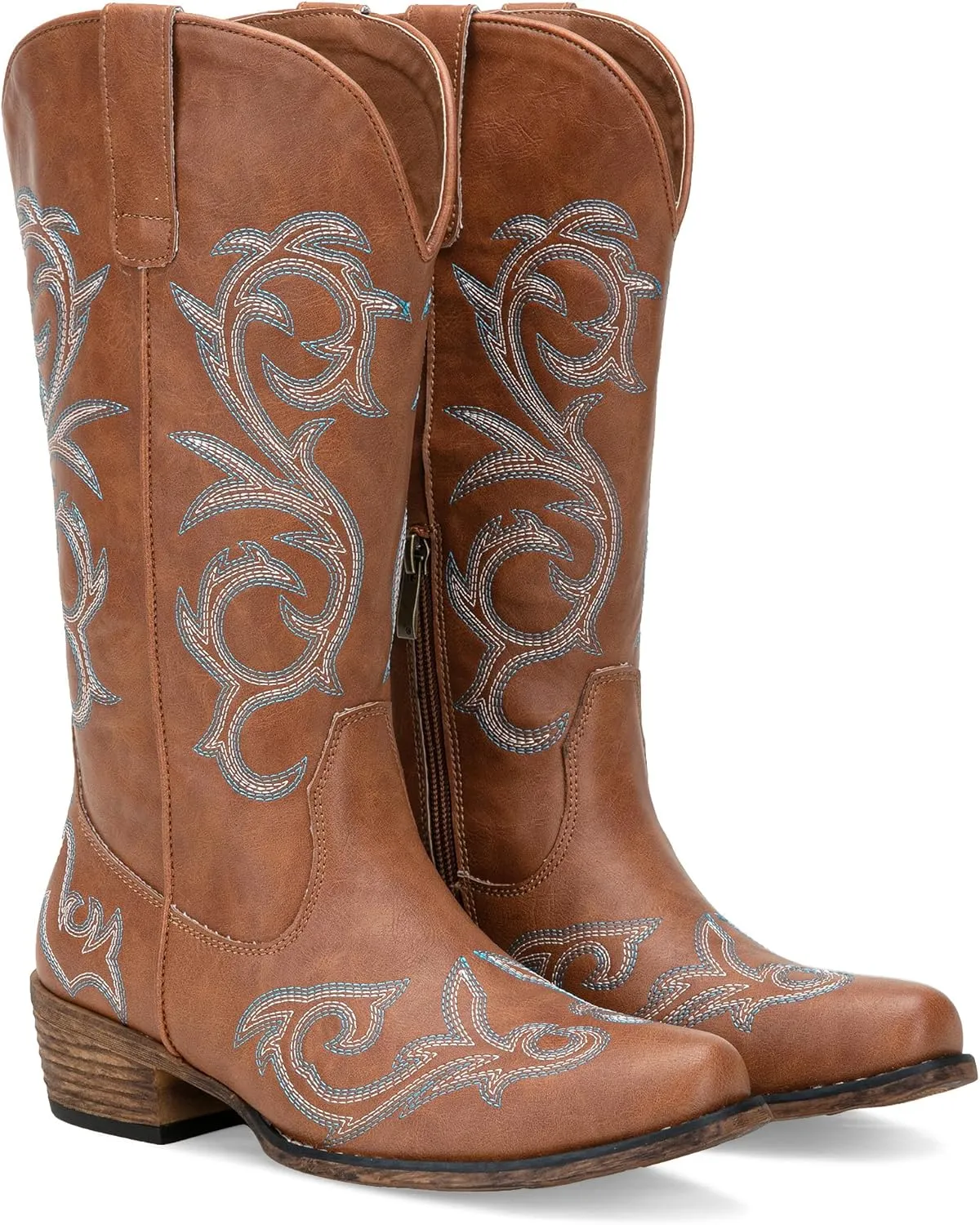 Jeossy 9808 Cowboy Boots for Women Wide Calf, Mid Calf Cowgirl Boots with Low Heel, Western Shoes with Side Zipper