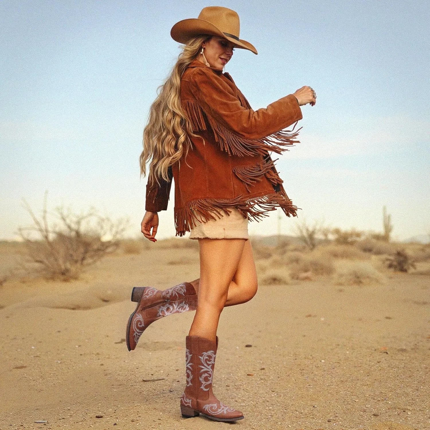 Jeossy 9808 Cowboy Boots for Women Wide Calf, Mid Calf Cowgirl Boots with Low Heel, Western Shoes with Side Zipper