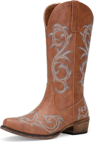 Jeossy 9808 Cowboy Boots for Women Wide Calf, Mid Calf Cowgirl Boots with Low Heel, Western Shoes with Side Zipper