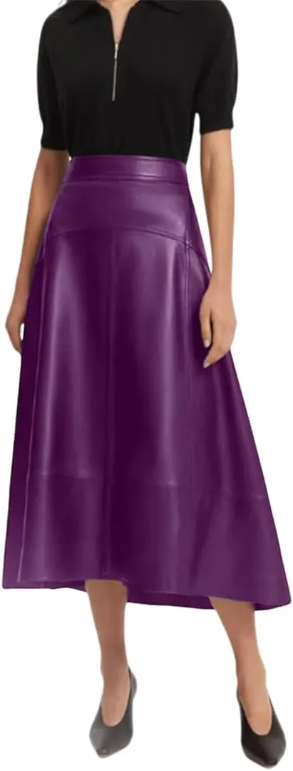 Jild Real Lambskin Leather Skirts for Women High Waist Classical Mid Length Going Out Skirt with Stylish Patchwork