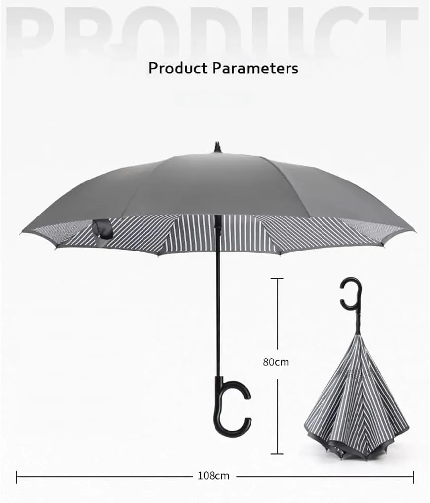 JITEM Inverted Reverse Umbrella w/C-Shaped Handle Double Canopy Stick Vented Windproof Waterproof Umbrella Hands Free Striped Auto Open Umbrella